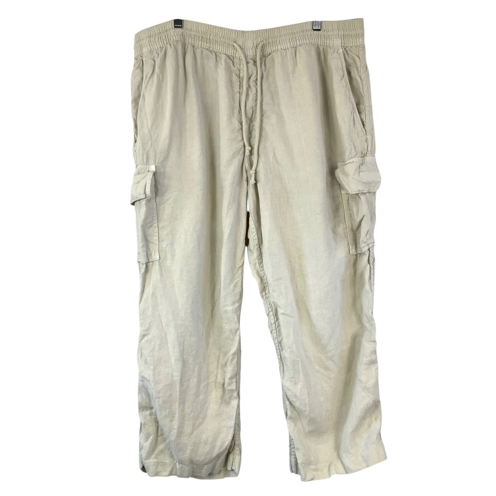 Vilebrequin 100% Linen Cargo Drawstring Pants Beige Elastic Waist XXXL Relaxed
